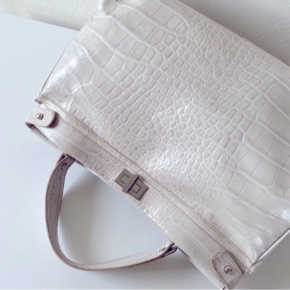 Claudia Firenze CROC EMBOSSED LARGE LEATHER TOTE BAG SATCHEL OFFICE TRAVEL Beige - Picture 10 of 13